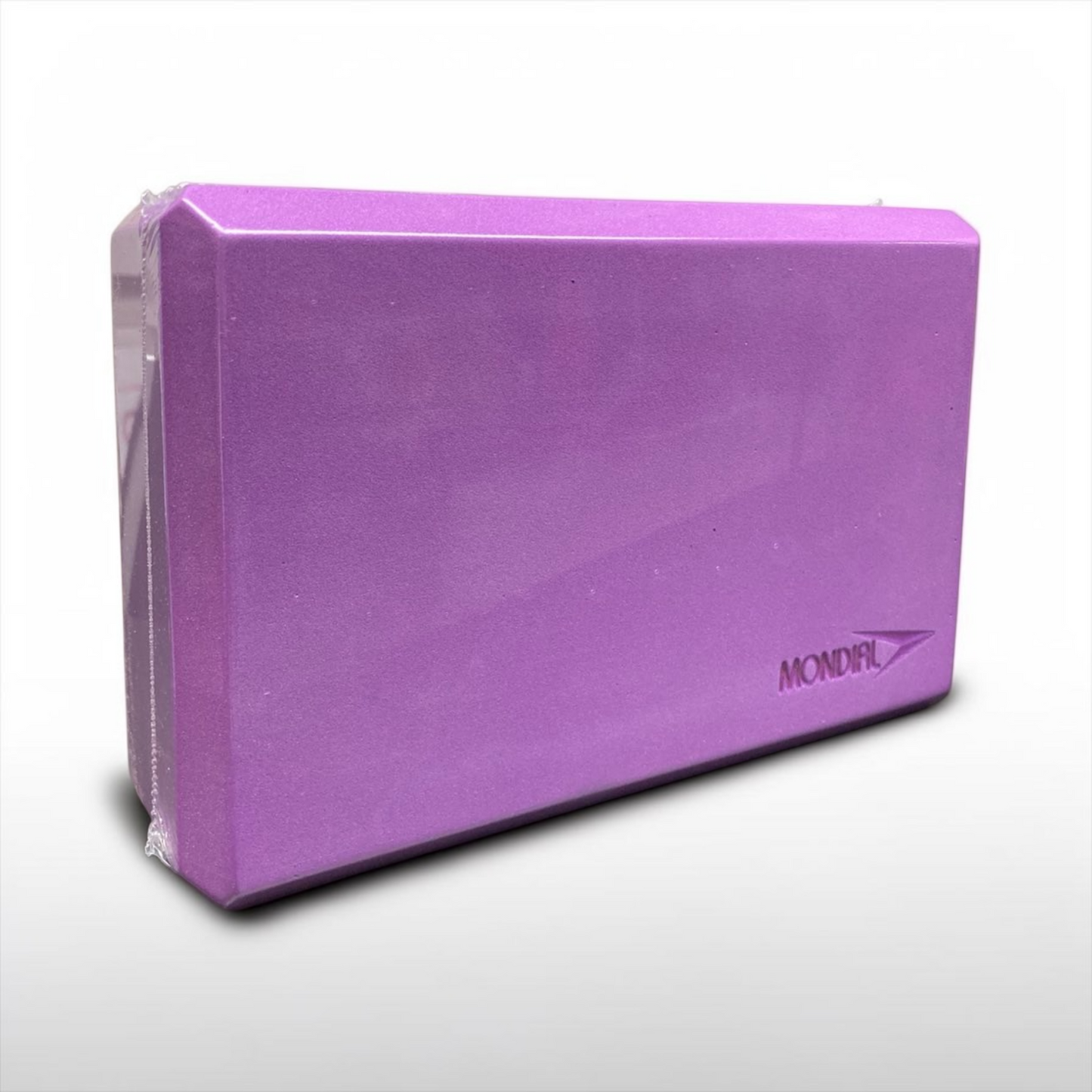 Purple yoga block with 'Mondial' branding on a white background