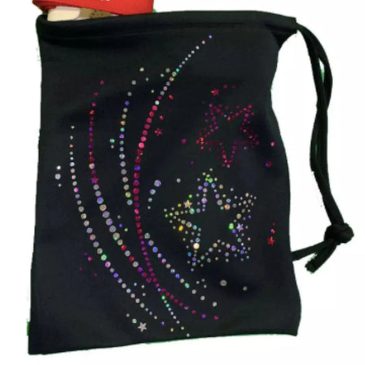 Black drawstring bag with colorful star designs and a red belt on a white background