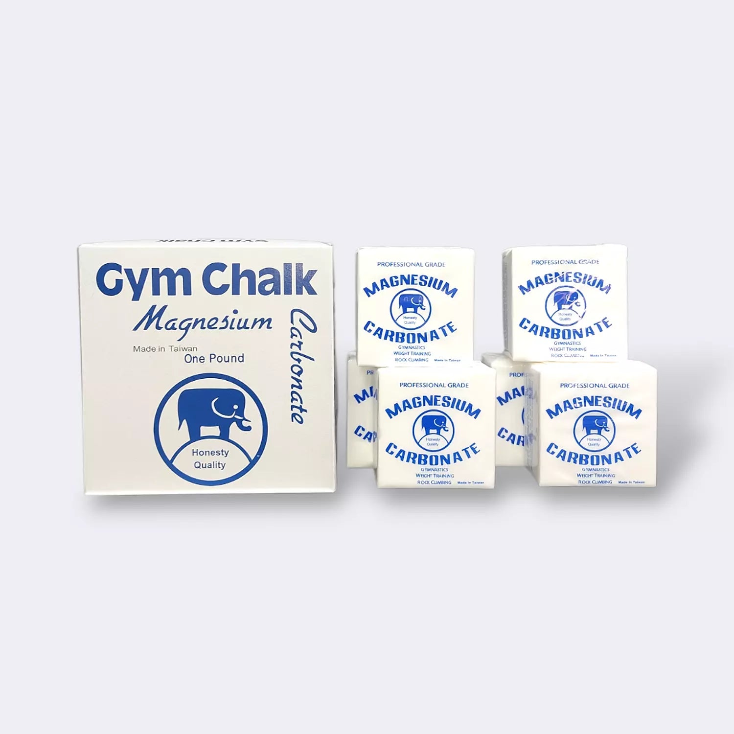 Multiple boxes of Gym Chalk Magnesium Carbonate on a white background