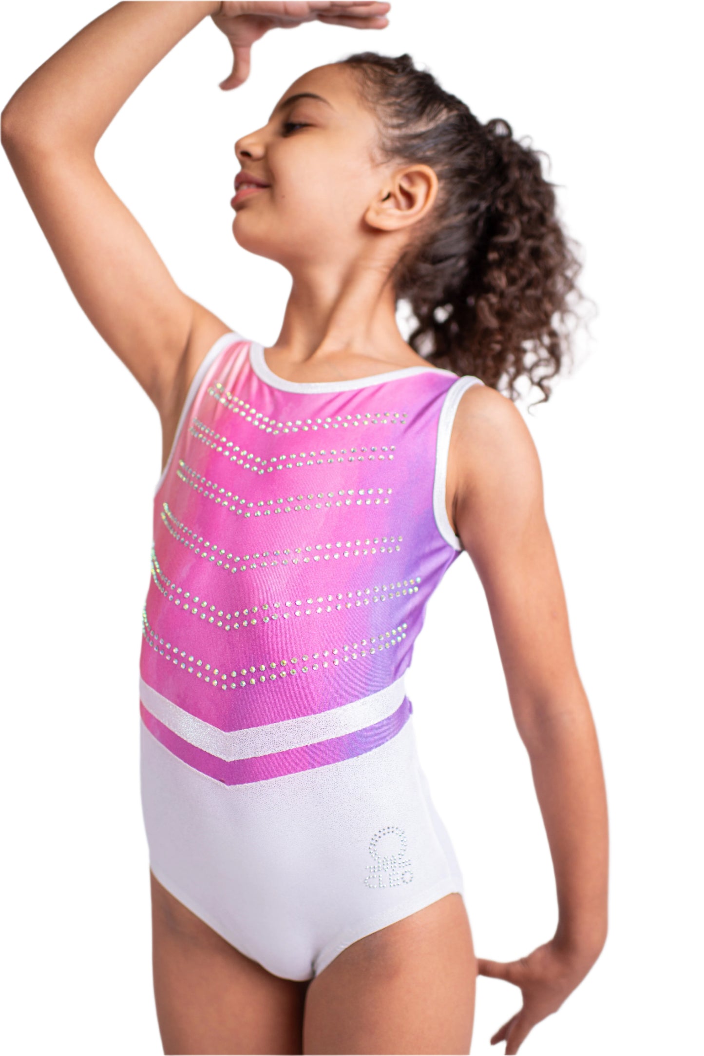 Young girl wearing a pink and white leotard with a subtle pattern on a plain background
