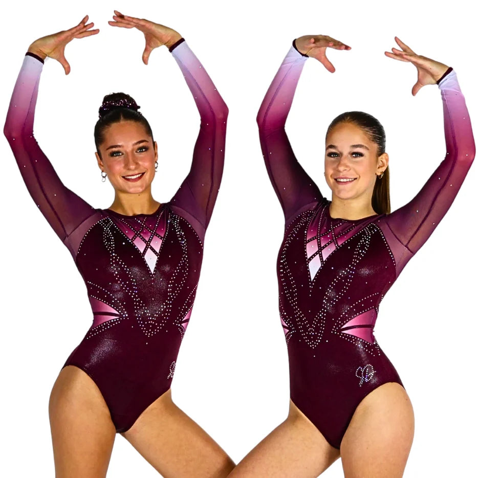 S&D - ROBIN DARK AUBERGINE WHITE LONG SLEEVE GYMNASTICS LEOTARD