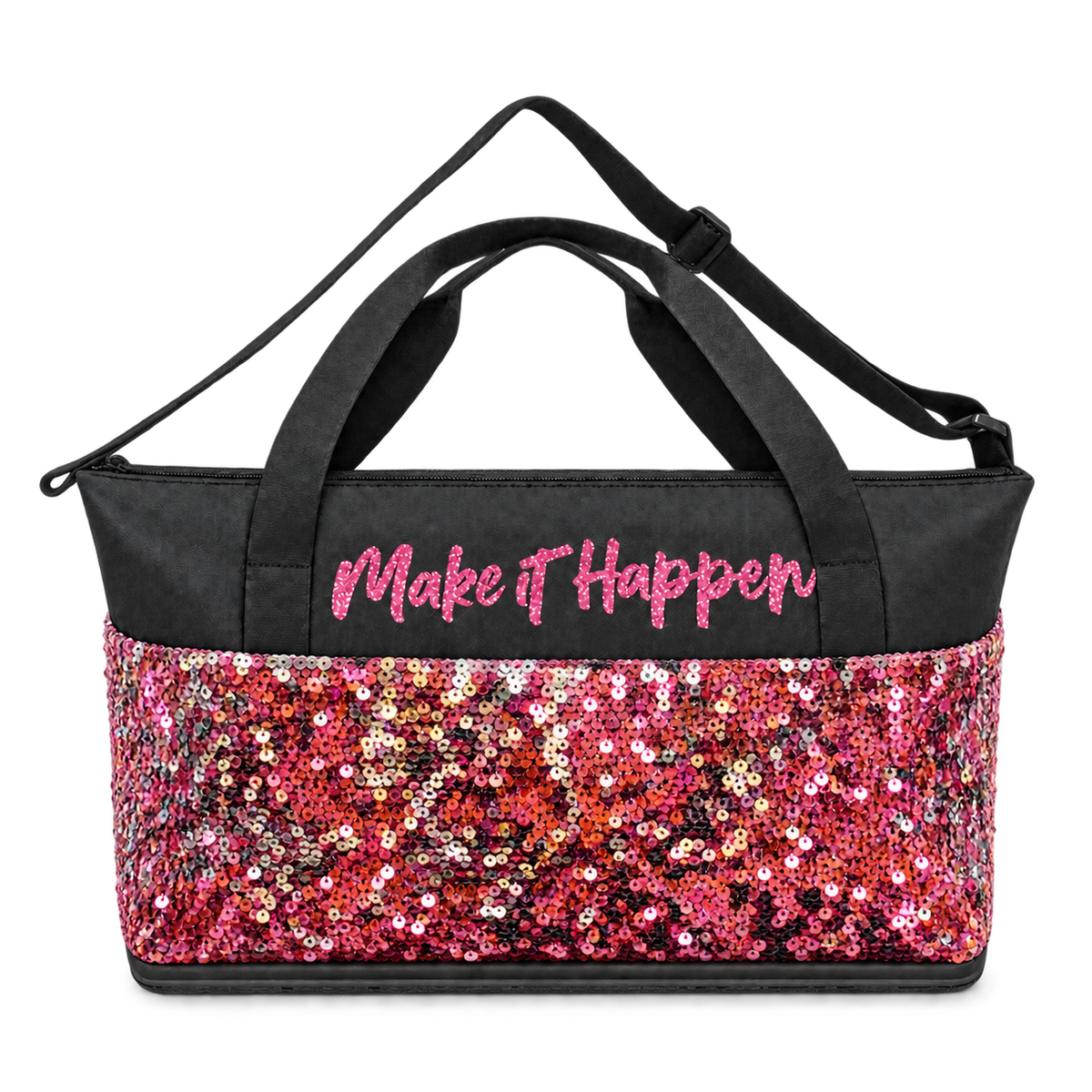 A rectangular tote bag with a black top panel and handles, a black shoulder strap, and a bottom half covered in pink, red, and orange sequins. The top panel has the phrase 'Make it Happen' in pink glitter-style lettering.
