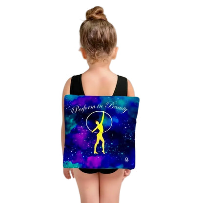 Person wearing a colorful back protecting cushion with a dancer design and 'Perform in Beauty' text on a plain background
