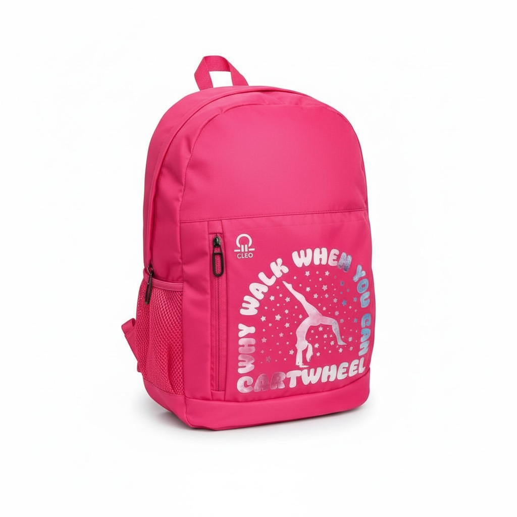 Pink backpack with text on a white background