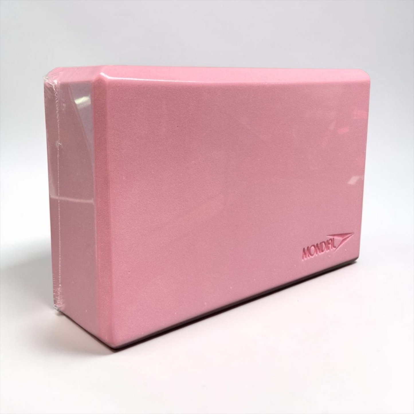 Pink exercise block with 'Mondial' branding on a white background