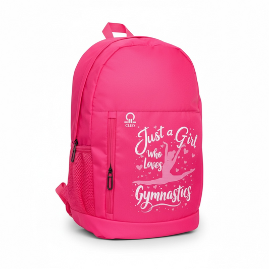 Pink backpack with 'Just a Girl Who Loves Gymnastics' text on a white background
