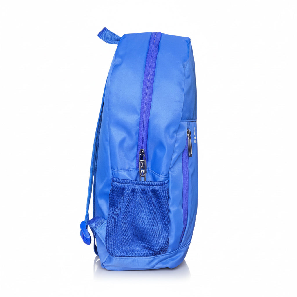 Blue drawstring bag with a front pocket on a white background