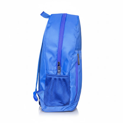 Blue drawstring bag with a front pocket on a white background