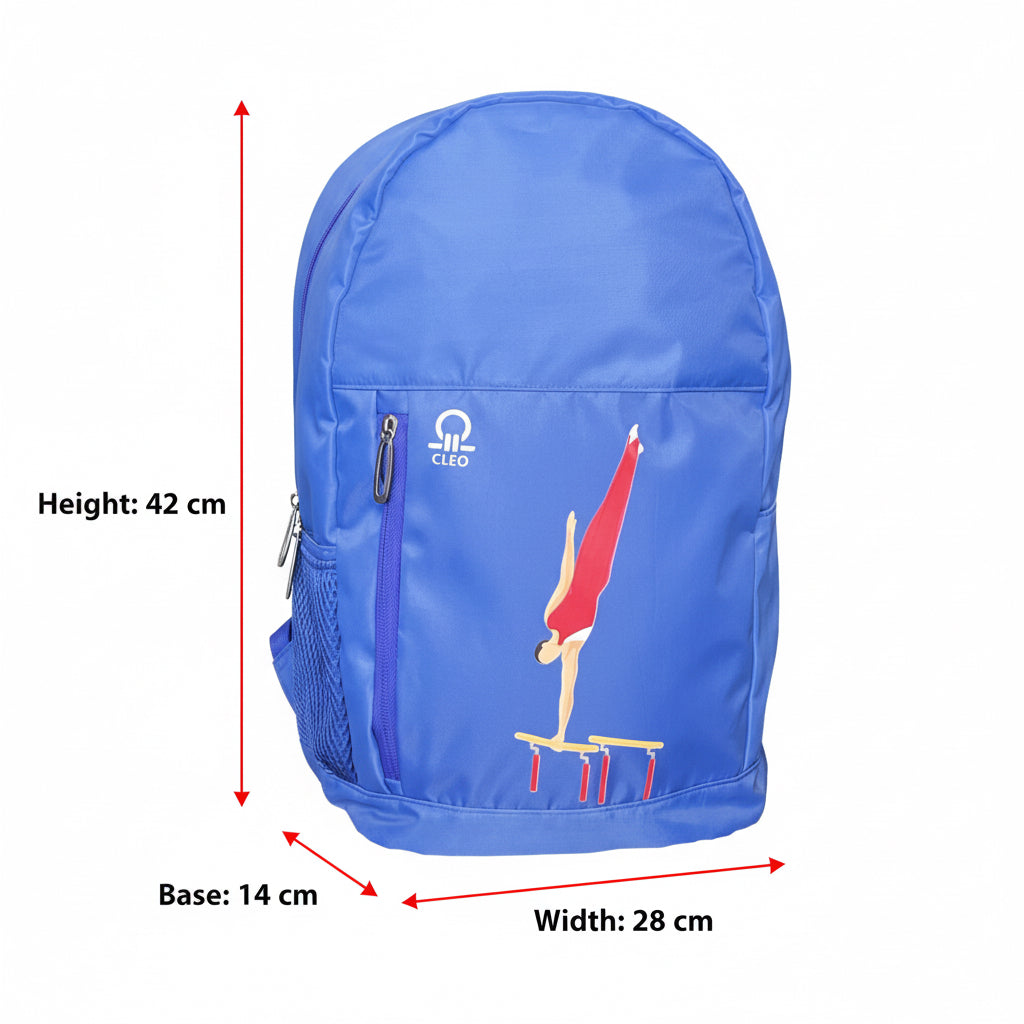 Blue backpack with dimensions and a graphic of a person on bars.