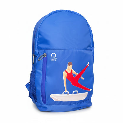 Blue backpack with a graphic of a swimmer on a white background