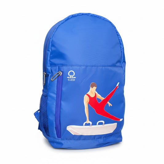 Blue backpack with a graphic of a swimmer on a white background