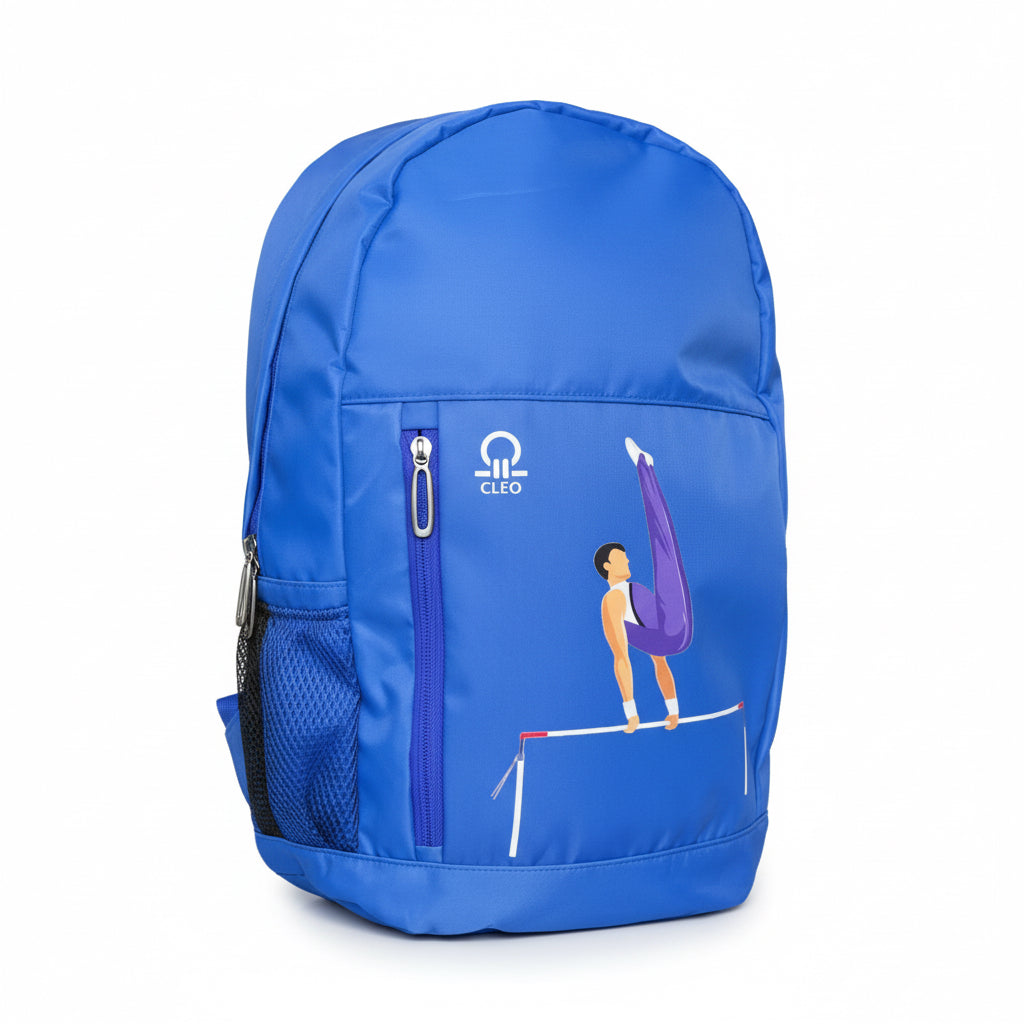 Blue backpack with a graphic of a person on a balance beam and the brand 'Cleo' logo.