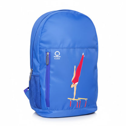 Blue backpack with a gymnast design on a white background