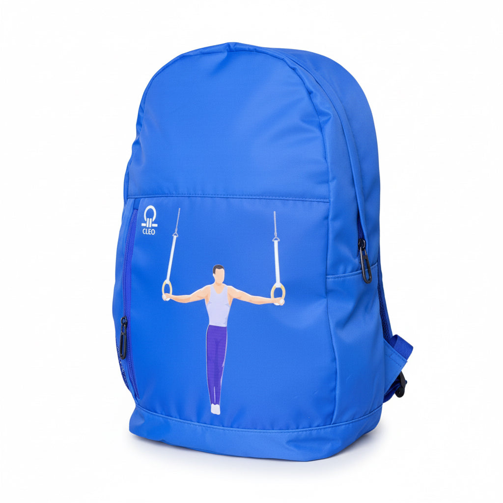 Blue backpack with a graphic design on a white background