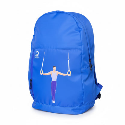 Blue backpack with a graphic design on a white background