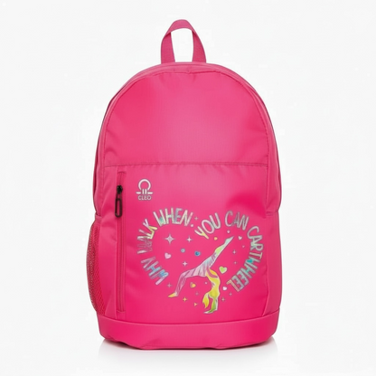 Pink backpack with a colorful design on a white background