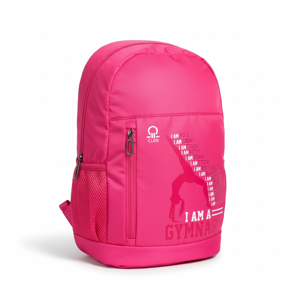 Pink backpack with 'I AM A GYMNAST' text on a white background