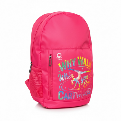 Pink backpack with colorful text and a logo on a white background
