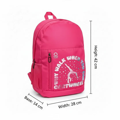Pink backpack with text and measurements on a white background