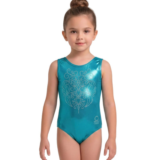 Young girl wearing a teal gymnastics leotard with decorative pattern on a light background