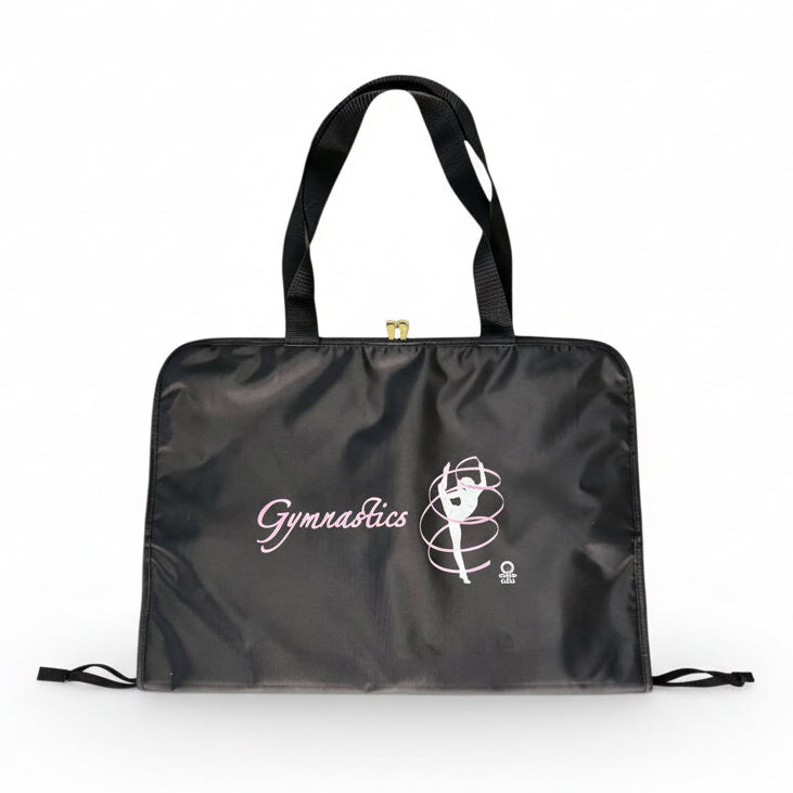 Black gymnastics bag with white text and logo on a white background