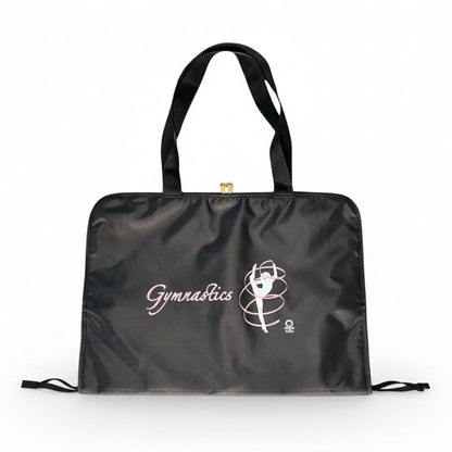 Black gymnastics bag with white text and logo on a white background