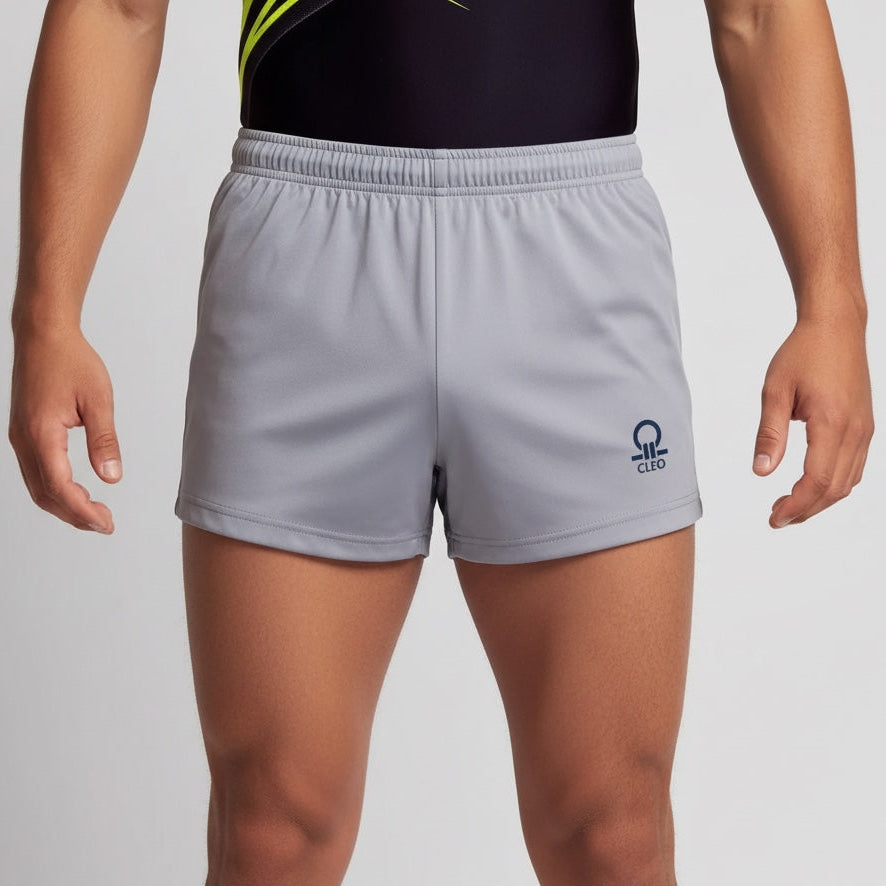 Gray shorts with a logo on a plain background