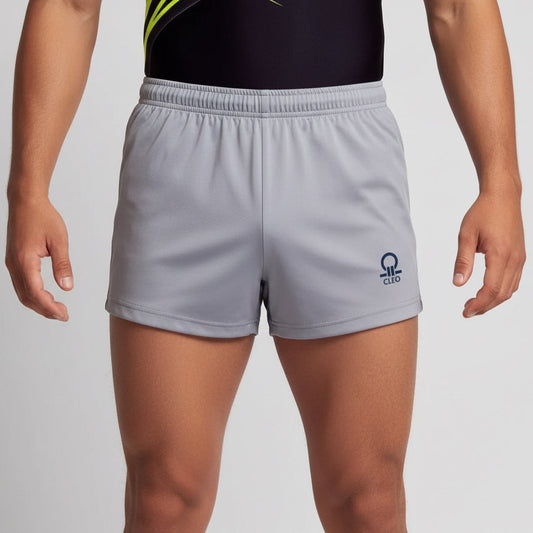 Gray shorts with a logo on a plain background