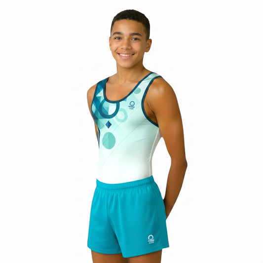 Person wearing a teal and white leotard with matching shorts on a white background