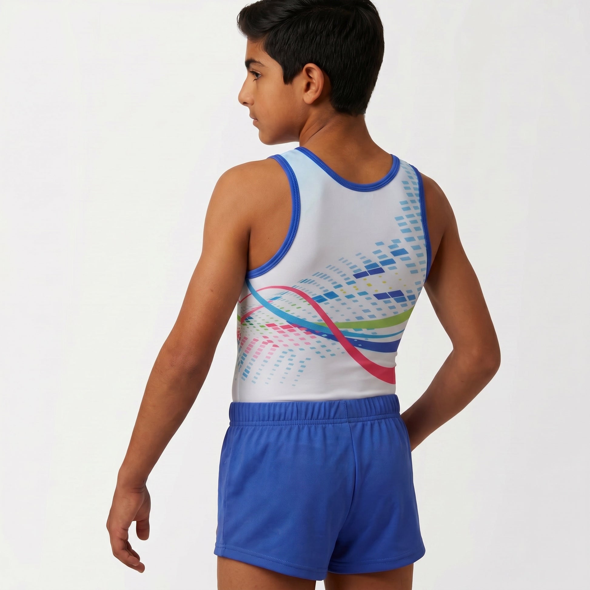 Person wearing a colorful athletic outfit with a white background