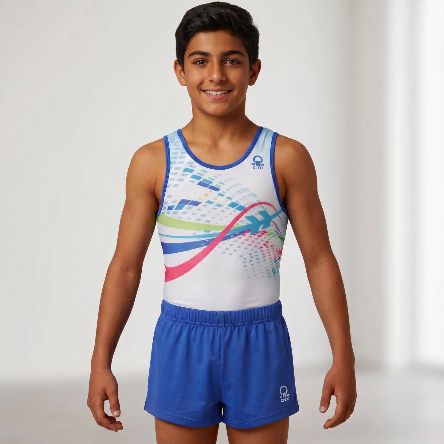 Young person wearing a colorful tank top and blue shorts with a visible brand logo on a white background