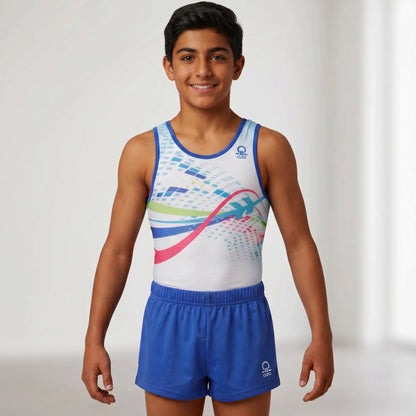 Young person wearing a colorful tank top and blue shorts with a visible brand logo on a white background