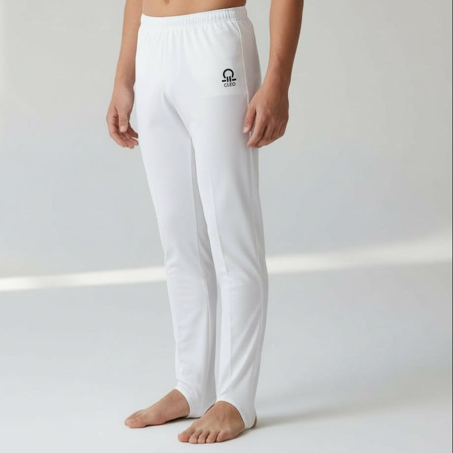 White pants with a logo on a plain background