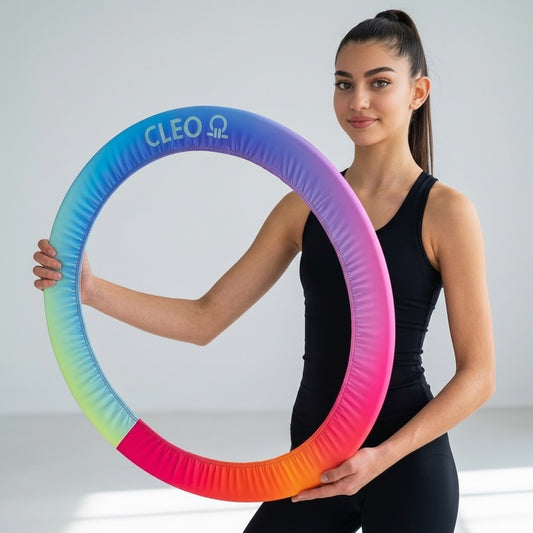 Woman holding a rainbow-colored fitness ring with 'CLEO' branding against a plain background