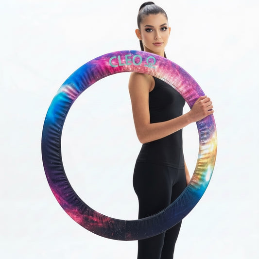 Woman holding a colorful exercise ring with 'CLEO' branding on a white background