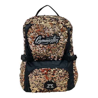 Sequined backpack with 'Gymnastics' text on a white background