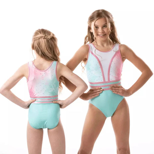 Two girls modeling sleeveless leotards in pink and blue colors, designed for gymnastics activities.