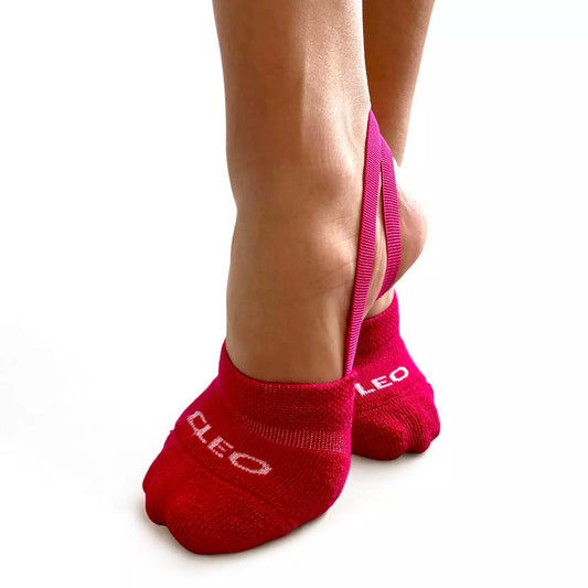Red and pink socks with 'Cleo' branding on a white background
