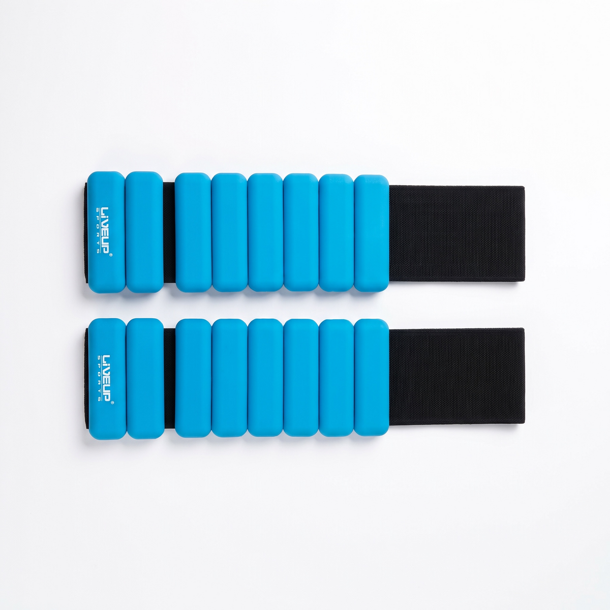 Two bright blue and black waist trainer bands with segmented foam-like pads, shown flat on a white background. The brand name 'LIVEUP SPORT' is printed in white on the bottom of each band.