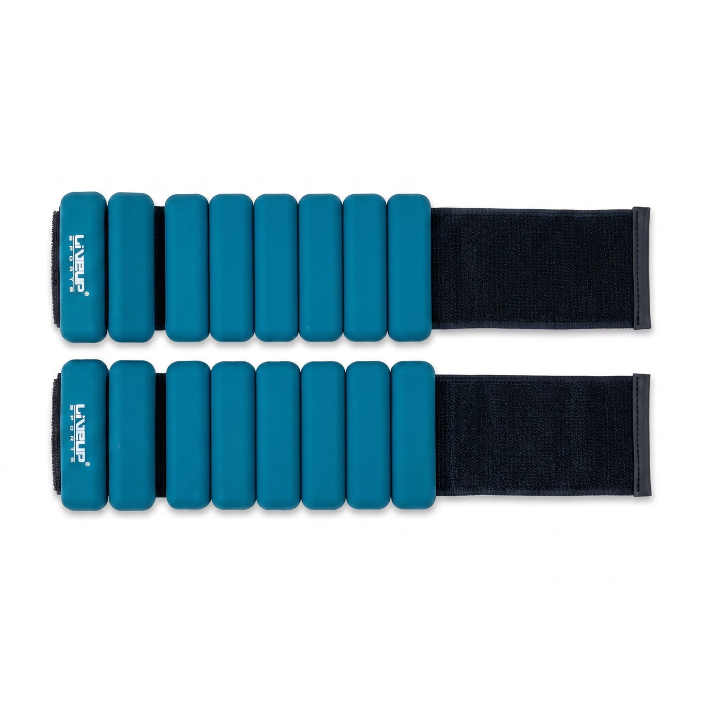 Pair of dark green wrist weights with black straps on a white background