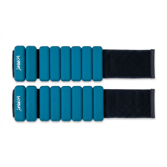 Pair of dark green wrist weights with black straps on a white background