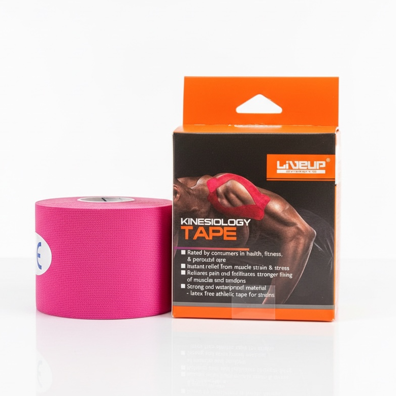A roll of bright pink kinesiology tape next to its retail packaging box, which is black and orange with a photo of a person wearing the tape, on a white background.