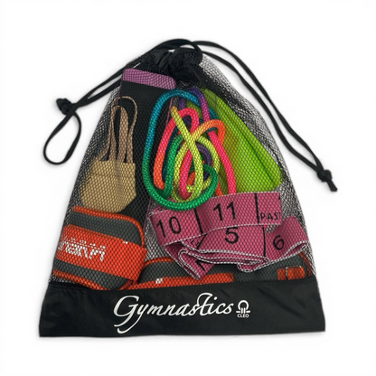 Gymnastics equipment including leotards, ribbons, and a bag with 'Gymnastics Cleo' branding on a white background.