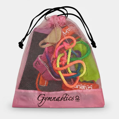 Pink drawstring bag with colorful gymnastics rings on a white background
