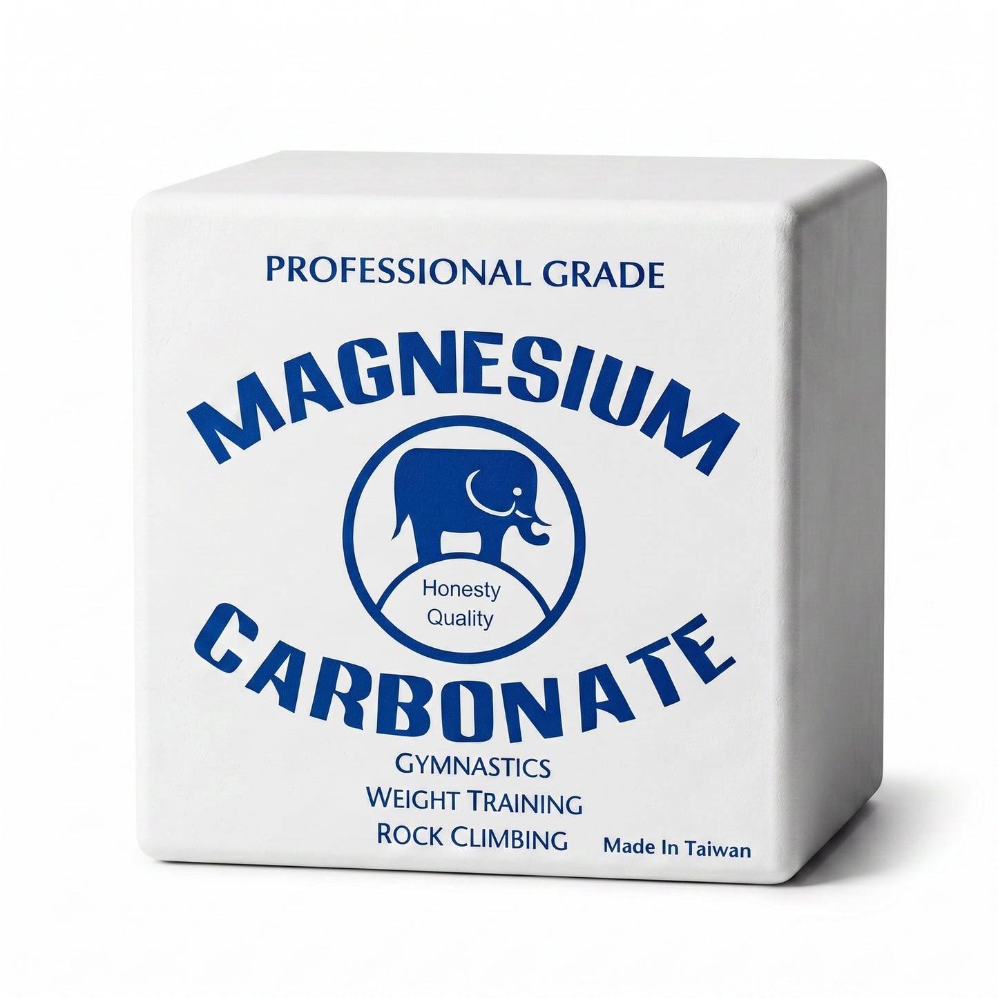Block of magnesium carbonate with blue text on a white background