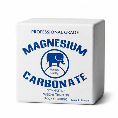 Block of magnesium carbonate with blue text on a white background