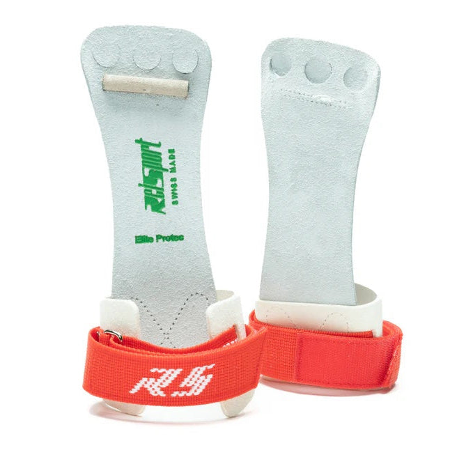 Pair of gray wrist guards with red straps on a white background