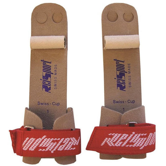 A pair of Reisport men's gymnastics rings with Velcro straps and leather grips, predominantly brown and white with red accents.