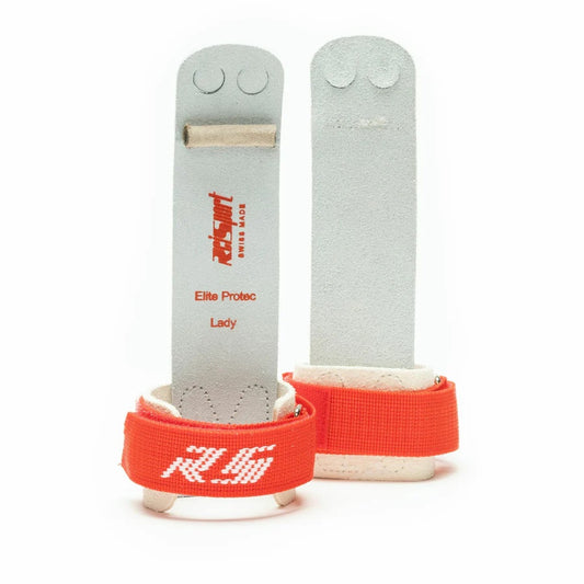 A pair of Reisport women's gymnastics uneven bars grips with red Velcro straps and white leather covering.