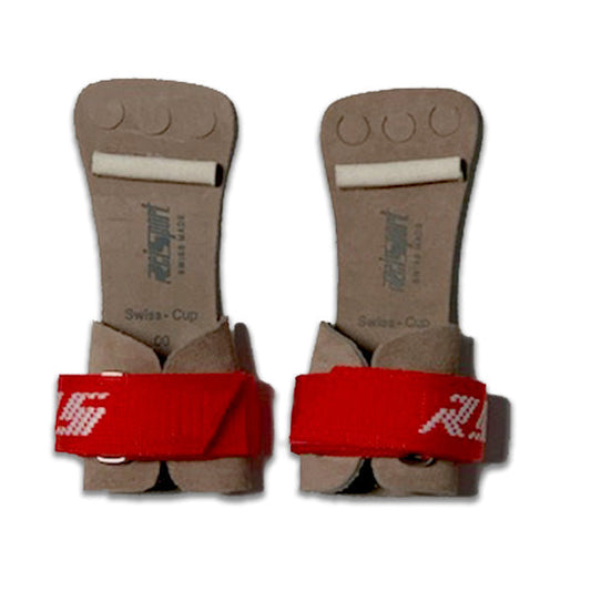 A pair of Reisport men's high bar grips with red velcro straps.